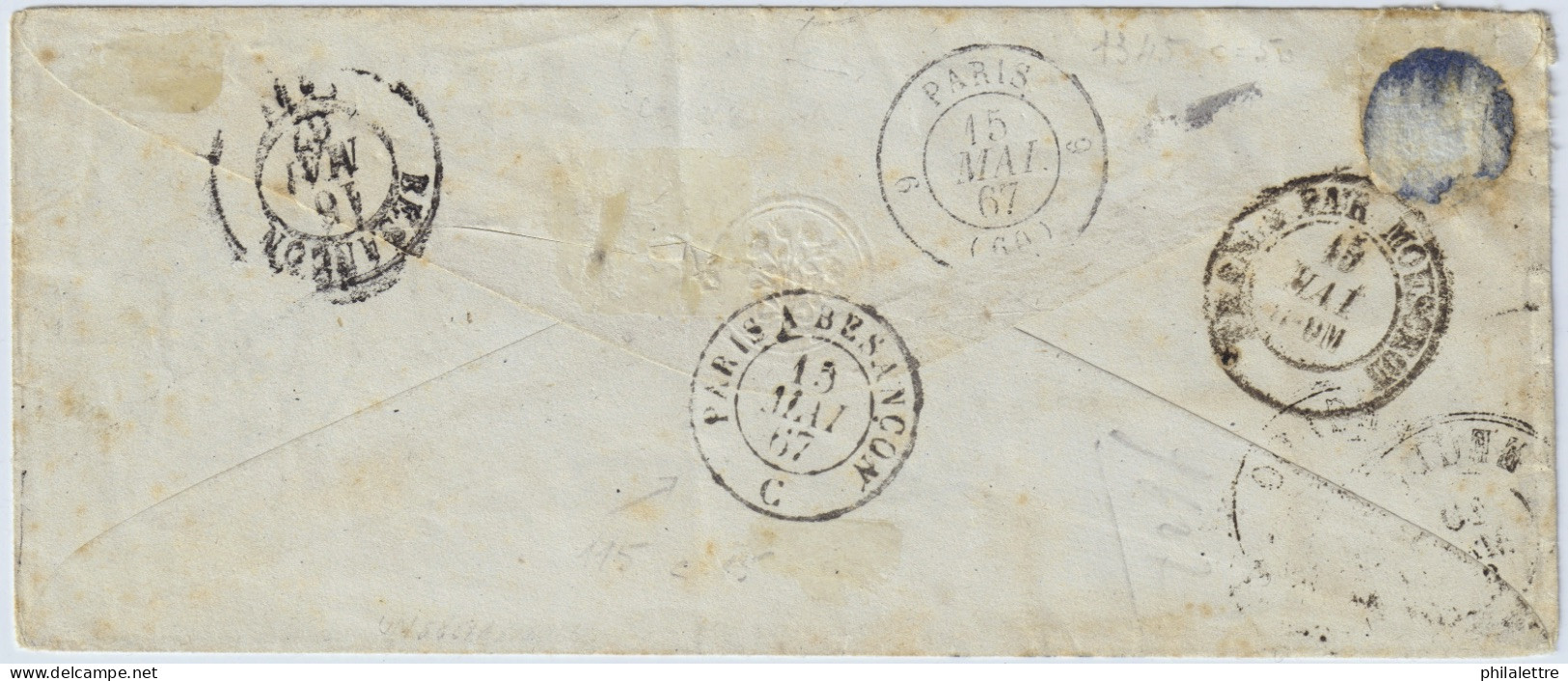 BELGIQUE - 1867 3x N°17 10c Gris (dont Une Paire) Sur Petite Enveloppe D'EECLOO (losange 108) Pour Besançon, France - 1865-1866 Profile Left