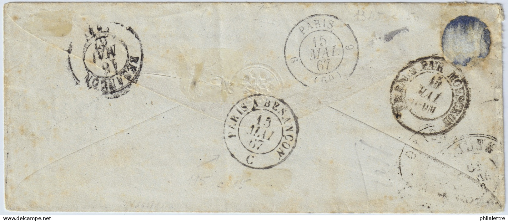 BELGIQUE - 1867 3x N°17 10c Gris (dont Une Paire) Sur Petite Enveloppe D'EECLOO (losange 108) Pour Besançon, France - 1865-1866 Profilo Sinistro