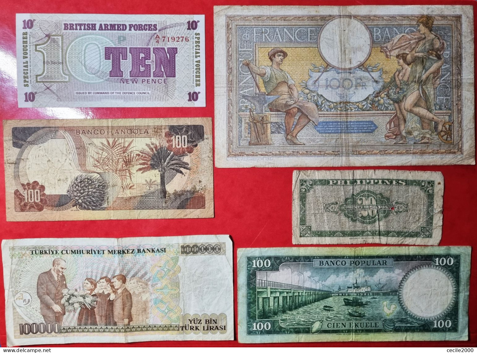 LOTE 6 BILLETES MUNDIALES FRANCIA,GUINEA,ANGOLA....CIRCULADOS / WORLD BANKNOTE LOT *COMPRAS MULTIPLES CONSULTAR - 100 F 1908-1939 ''Luc Olivier Merson''