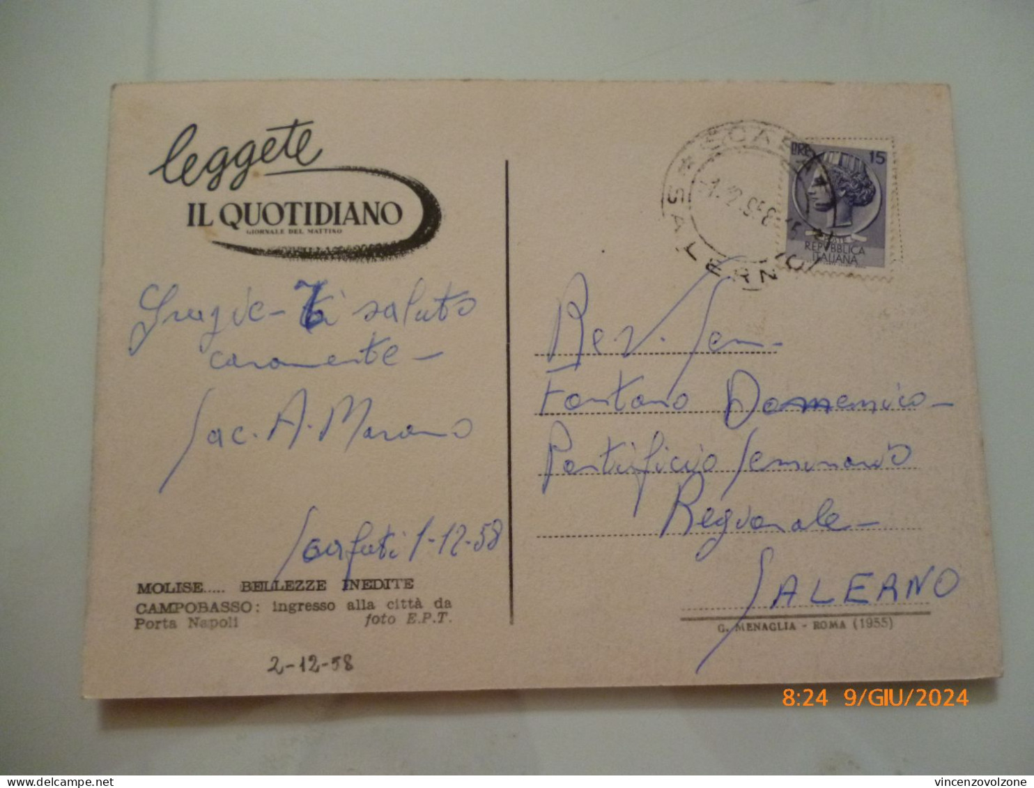 Cartolina Viaggiata "Leggete IL QUOTIDIANO MOLISE BELLEZZE INEDITE Campobasso: Ingresso Alla Città Da Porta Napoli" 1958 - Campobasso