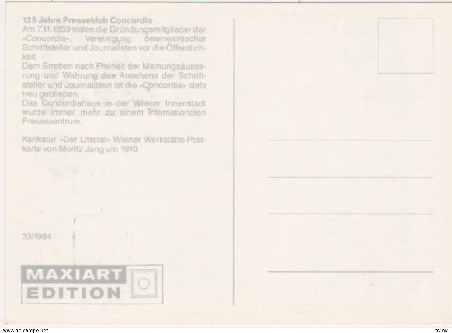 Ö 1984- Maximumkarte - Mi:1795 (8) , 125 Jahre Presseclub Concordia, Wien , SST 1010 Wien - Cartes-Maximum (CM)