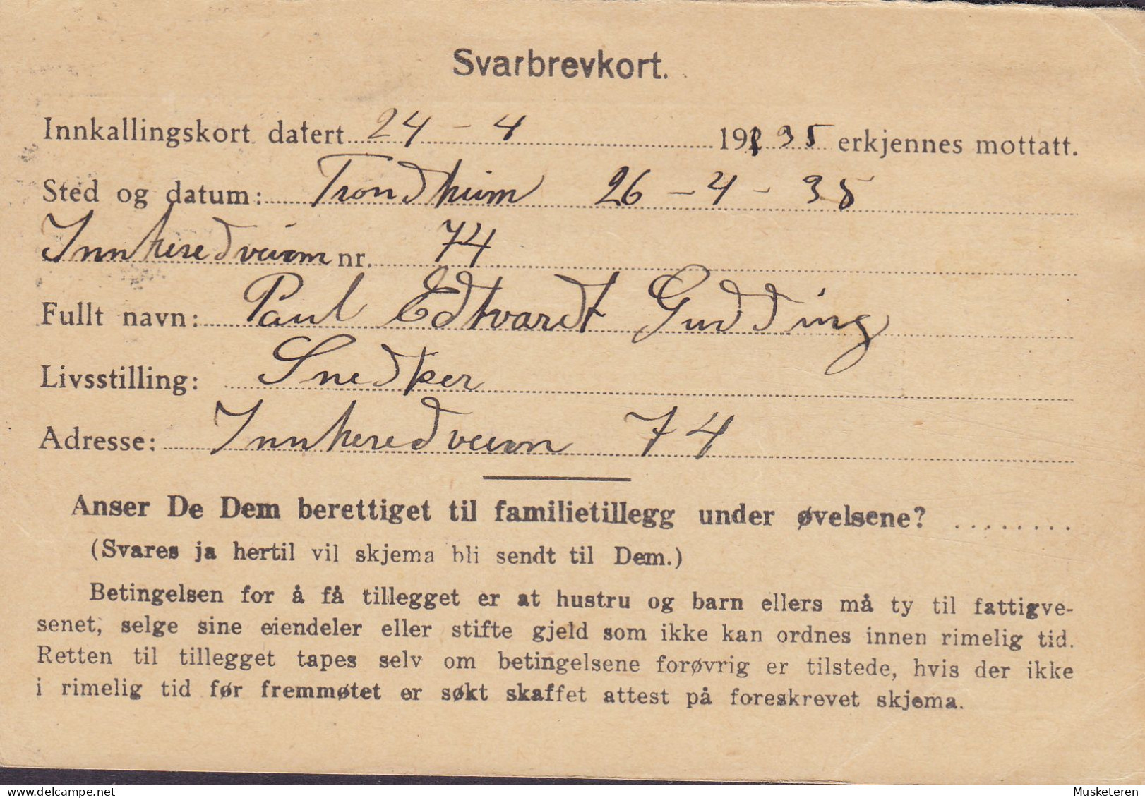 Norway Militært Tjenestebrevkort, TRONDHEIM 1935 Card Karte To TRØNDELAG FLYVEAFDELING 15  Ø. Offentlig Sak (2 Scans) - Dienstmarken