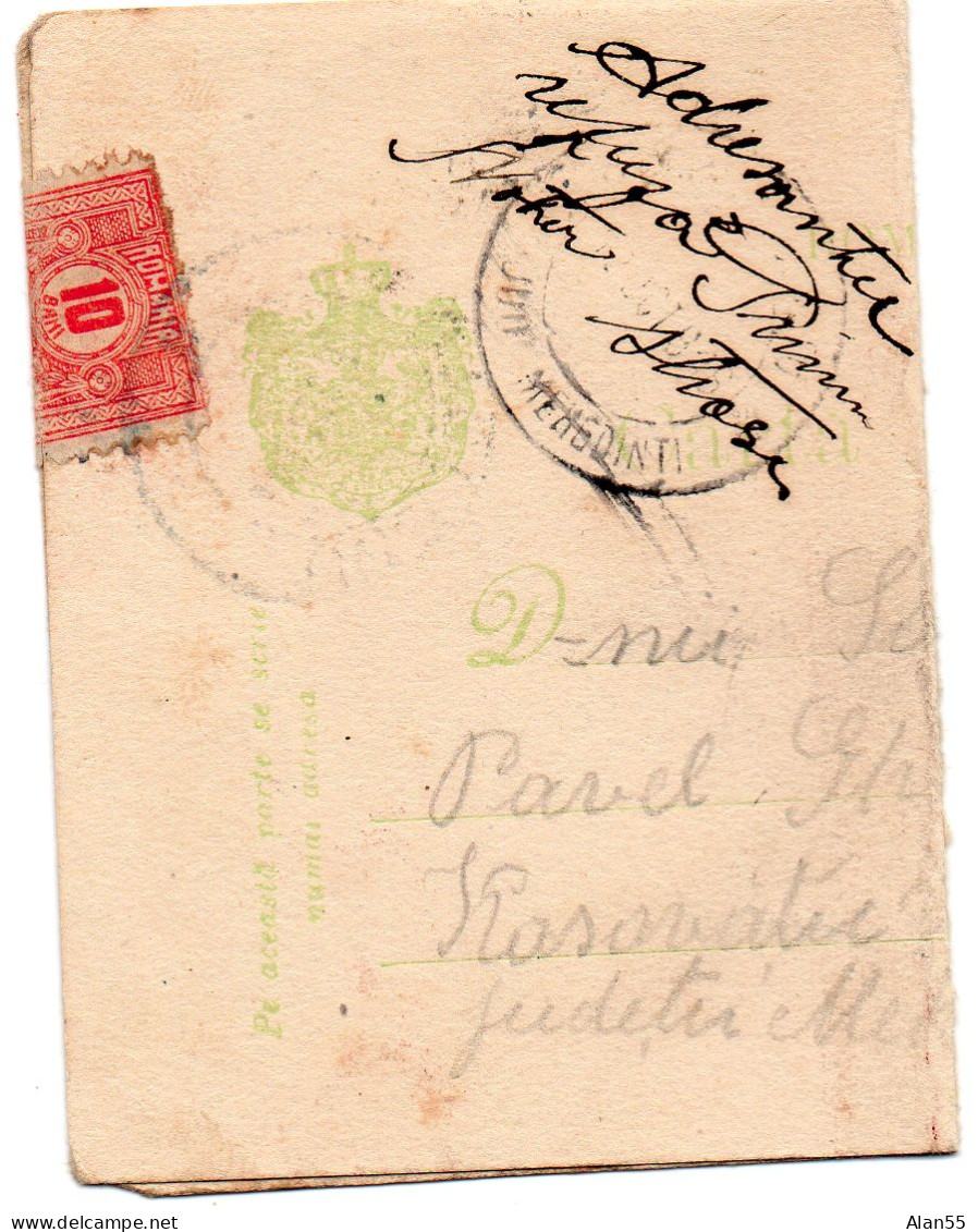ROUMANIE.1916-1918.  ENTIER POSTAL 5 B.SCELLE PAR TAXA DE PLATA.(TIMBRE TAXE) Avec CENZURA ( CENSURE). - Cartas & Documentos
