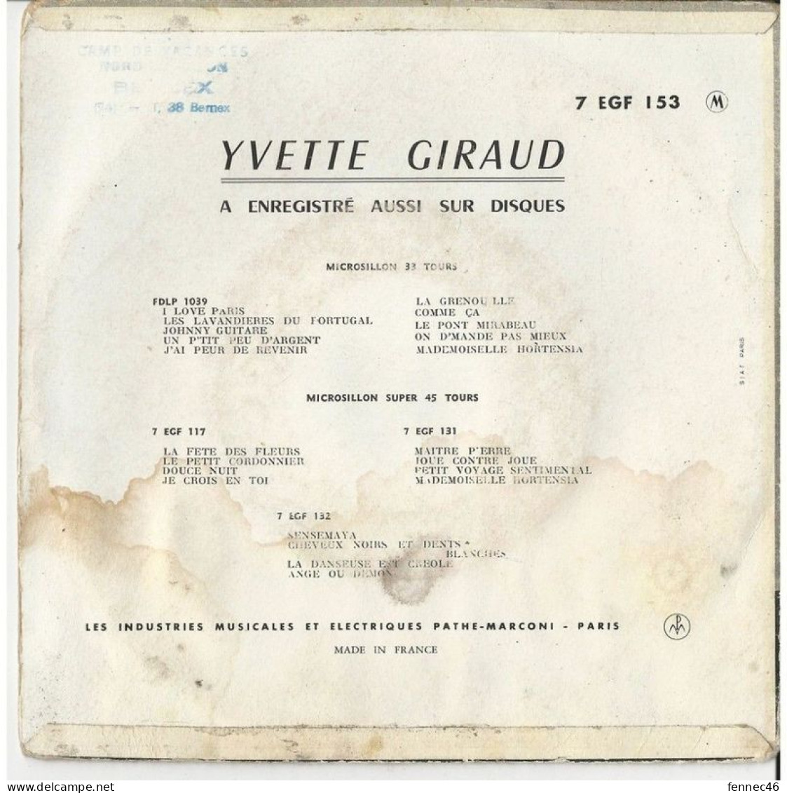 * Vinyle  45T (4 Titres) - Yvette GIRAUD - Les Lavandieres Du Portugal - Otros - Canción Francesa