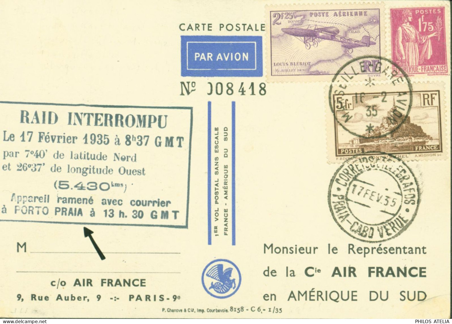 CP Par Avion 1er Vol Postal Sans Escale France Amérique Du Sud Cachet Raid Interrompu 17 2 35 - 1927-1959 Covers & Documents