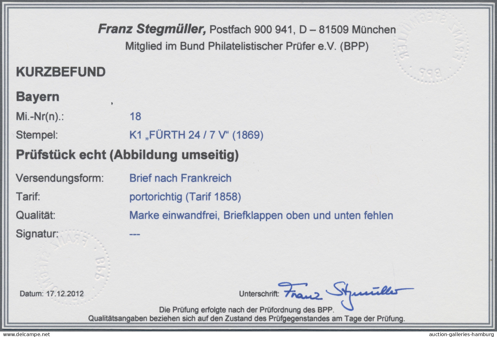 Bayern - Social Philately: 24.7.1869, Fürth-Strasbourg-Paris-Voiron, 12 Kr. Viol - Otros & Sin Clasificación