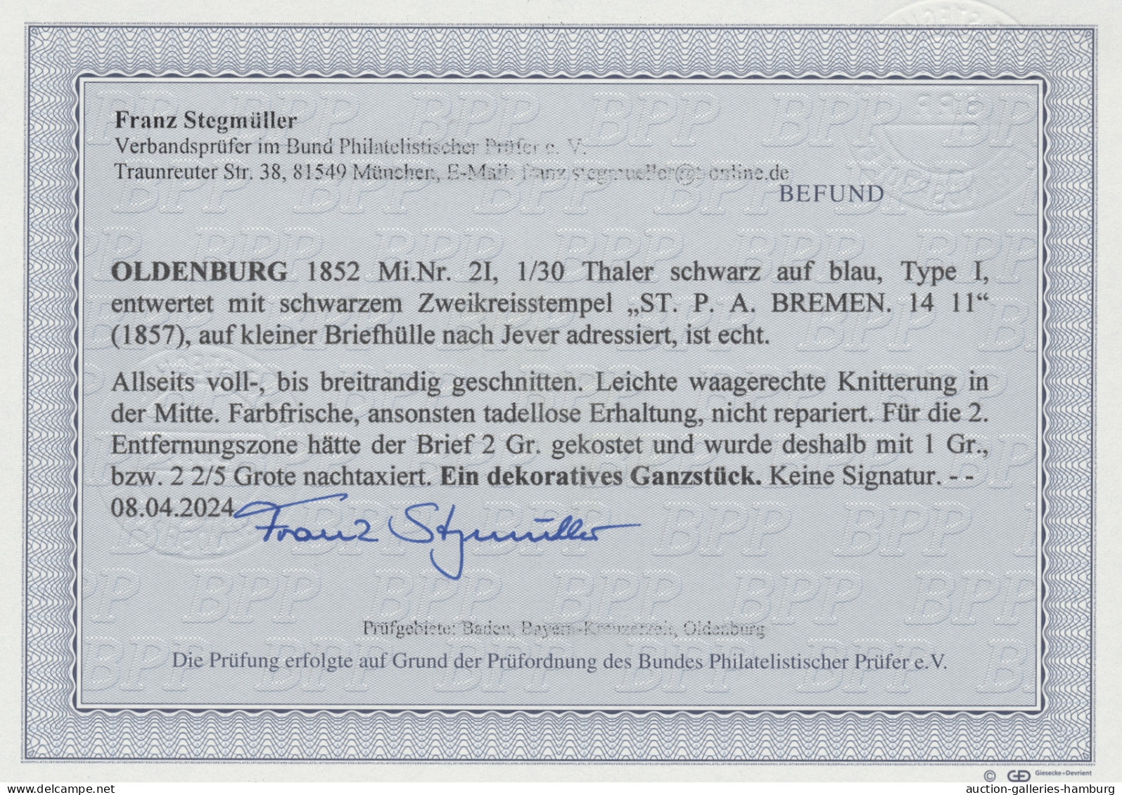 Oldenburg - Marken Und Briefe: 1852, Freimarke 1/30 Thaler Vollrandig Geschnitte - Oldenburg
