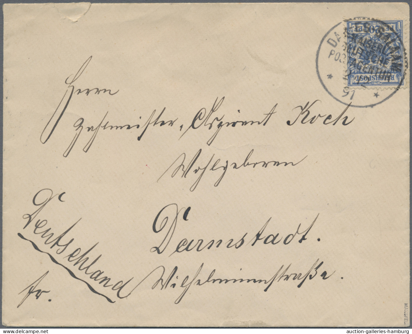 Deutsch-Ostafrika - Vorläufer: 1891, Adler, 20 Pfg. Kobaltblau, Einzelfrankatur - Africa Orientale Tedesca