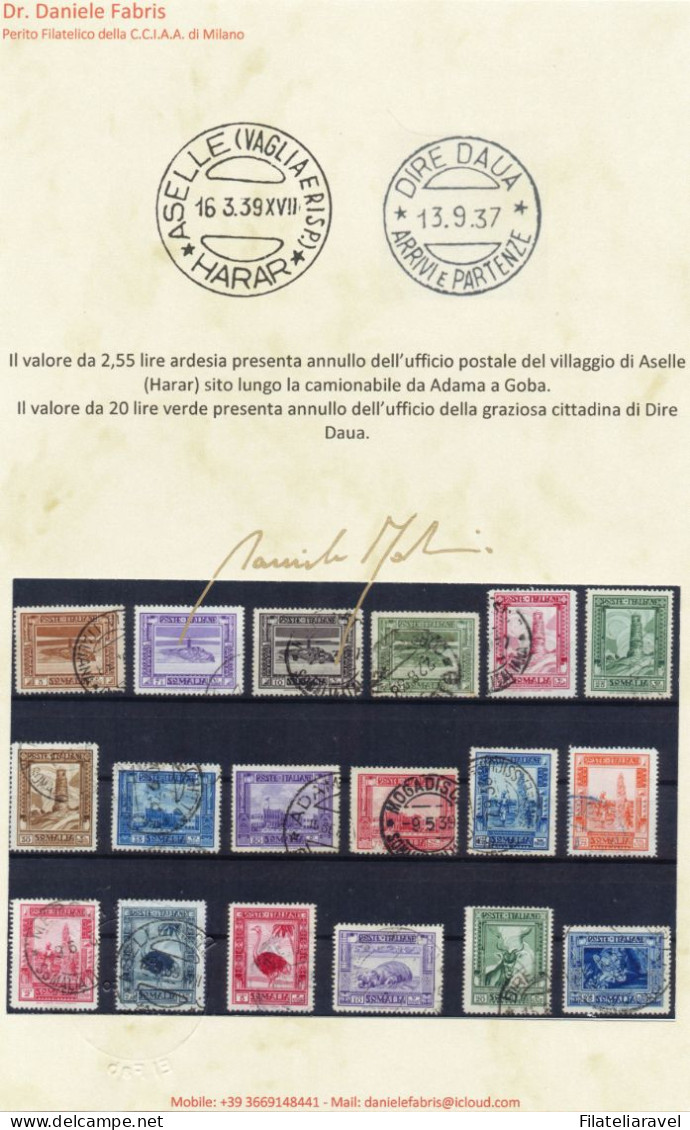COLONIE ITALIANE - SOMALIA  1935/1938 Serie " PITTORICA" 2° Em.,Sassone 213/230 Annullata. Cert. Fabris - Somalia