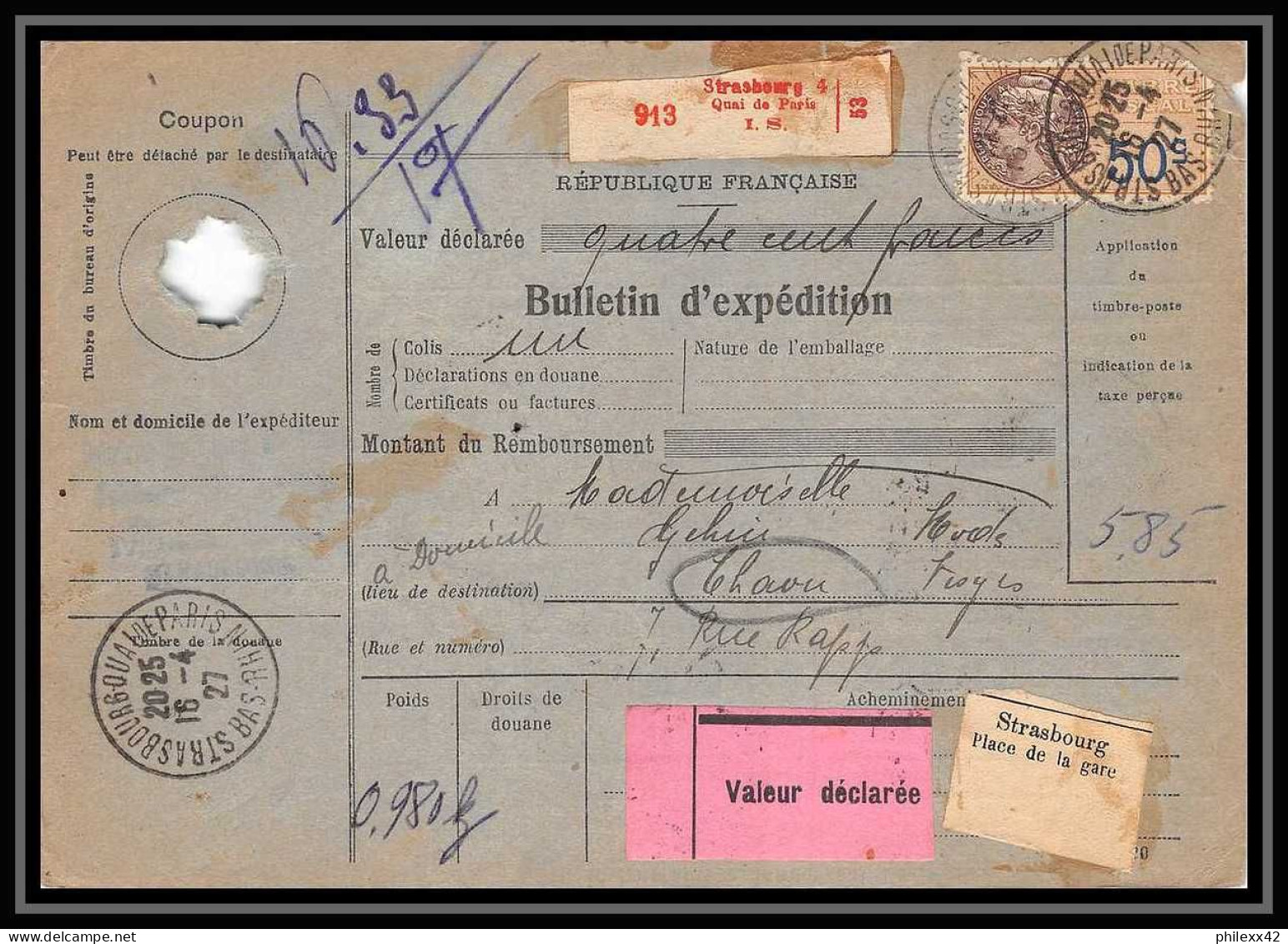 25204/ Bulletin D'expédition France Colis Postaux Fiscal Bas-Rhin Strasbourg 1927 Pour Thann Valeur Déclarée Merson 123 - Briefe U. Dokumente