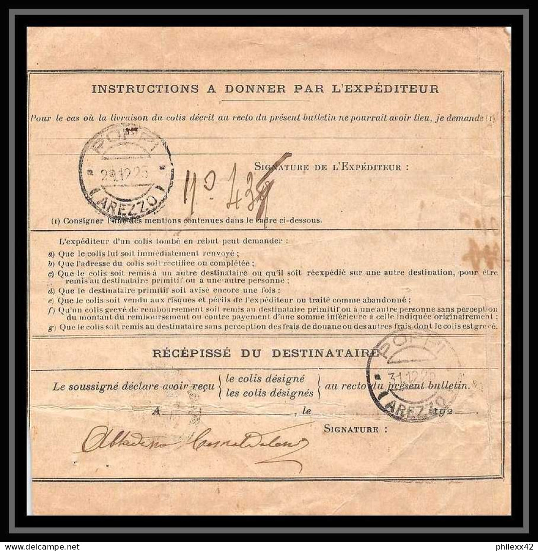 25177 Bulletin D'expédition France Colis Postaux Fiscal Chemin De Fer LA SEYNE TAMARIS 12/12/1925 Poppi Italie (italy) - Covers & Documents