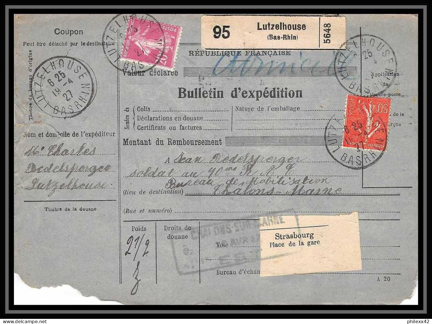 25095 Bulletin D'expédition France Colis Postaux Fiscal Bas Rhin - 1927 Lutzelhouse Merson 145 Alsace-Lorraine  - Brieven & Documenten