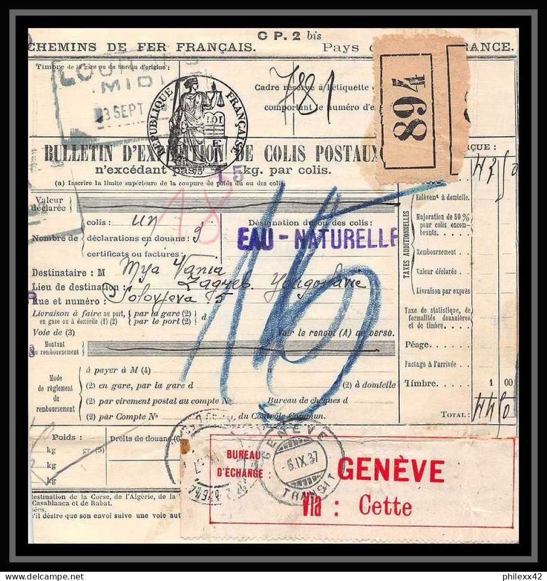 25109 Bulletin D'expédition France Colis Postaux Fiscal Lourdes 3/9/1937 Zagreb Croatie Croatia GENEVE Suisse (Swiss) - Storia Postale