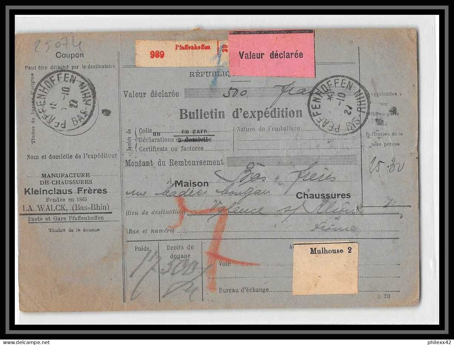 25074 Bulletin D'expédition France Colis Postaux Fiscal Haut Rhin 1927 Pfaffenhoff Merson 145+207 Alsace-Lorraine  - Cartas & Documentos