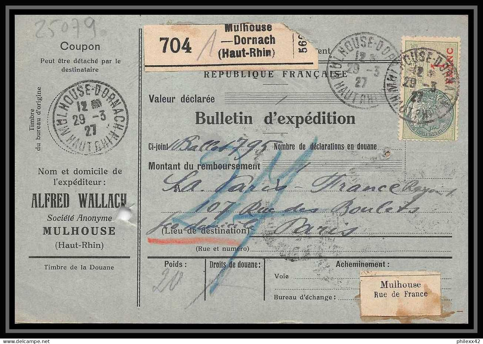 25079 Bulletin D'expédition France Colis Postaux Fiscal Haut Rhin - 1927 Mulhouse Merson 123+207 Alsace-Lorraine  - Storia Postale