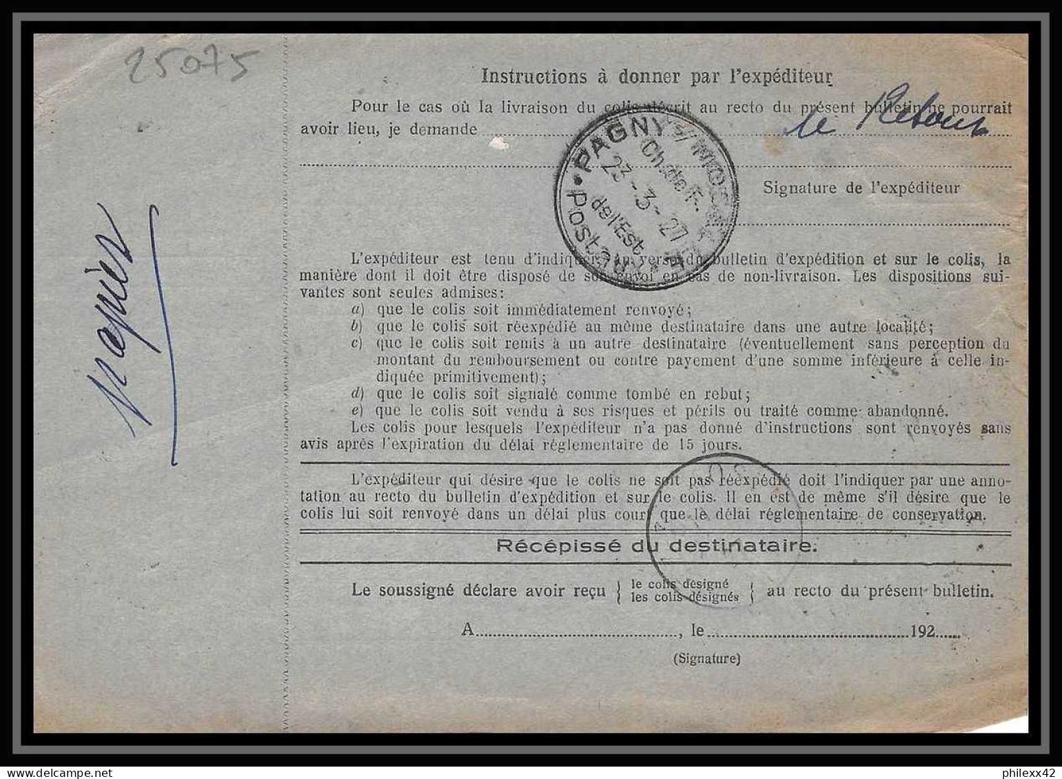 25075 Bulletin D'expédition France Colis Postaux Fiscal Haut Rhin 1927 Sarreguemines Merson 145 Alsace-Lorraine  - Brieven & Documenten