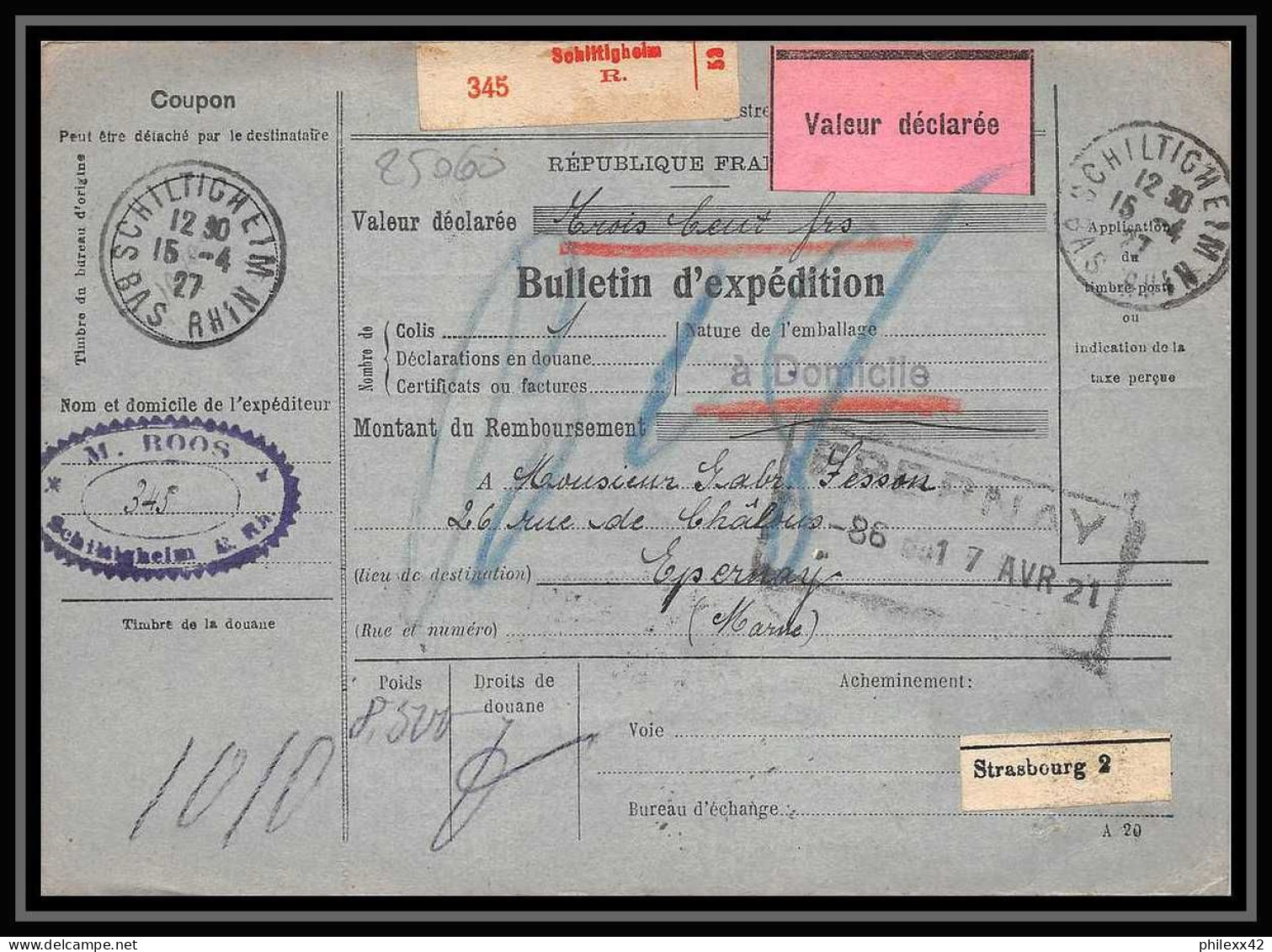 25060 Bulletin D'expédition France Colis Postaux Fiscal Haut Rhin 1927 Schiltigheim Merson 123+145 Valeur Déclarée - Lettres & Documents