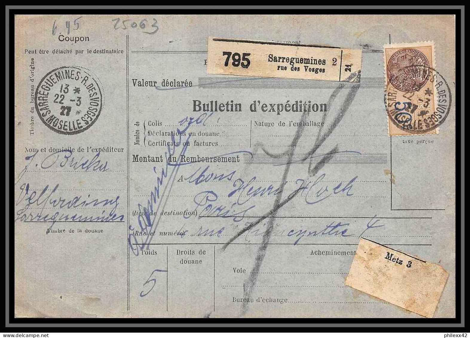 25063 Bulletin D'expédition France Colis Postaux Fiscal Haut Rhin 1927 Sarreguemines Semeuse + Merson 145+206 - Covers & Documents