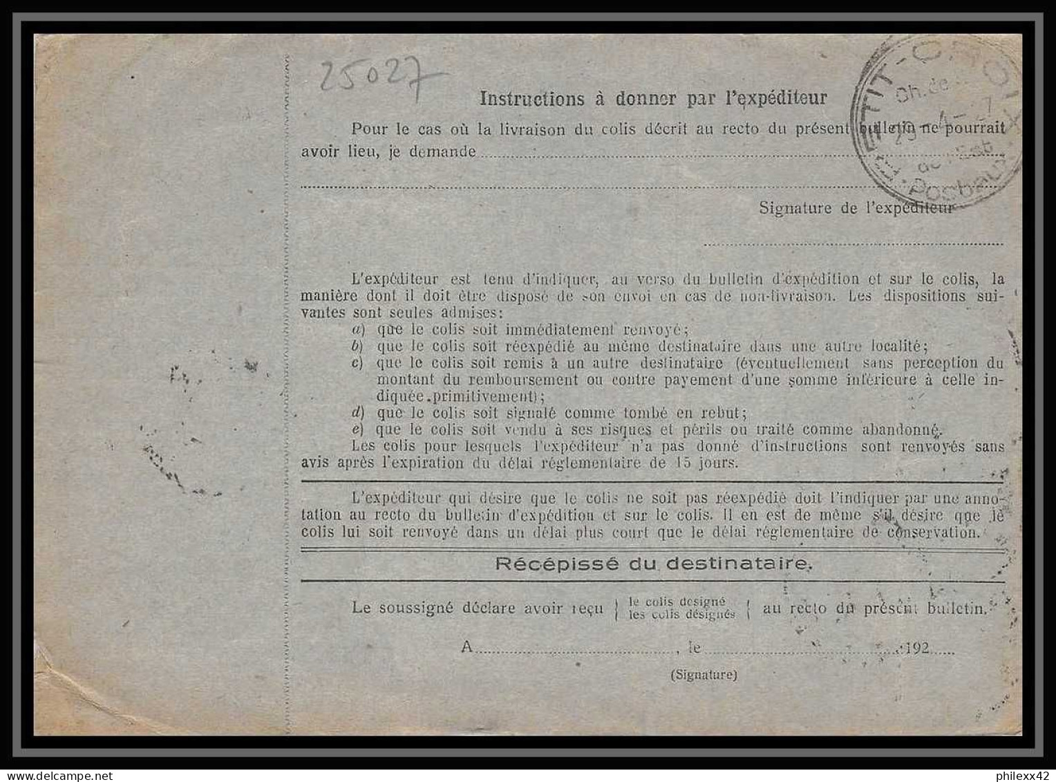 25027 Bulletin D'expédition France Colis Postaux Fiscal Haut Rhin - 1927 RIXHEIM Semeuse Perforé Alsace-Lorraine  - Brieven & Documenten