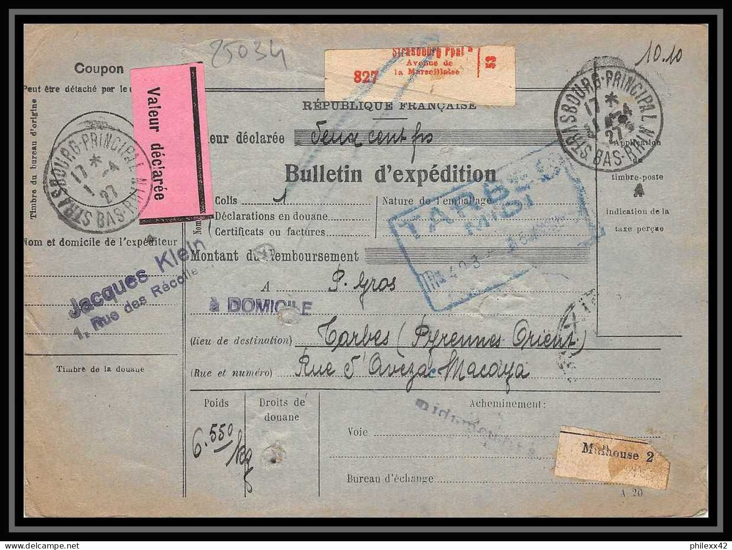 25034 Bulletin D'expédition France Colis Postaux Fiscal Haut Rhin - 1927 Strasbourg Merson 206 X 3 Valeur Déclarée - Lettres & Documents