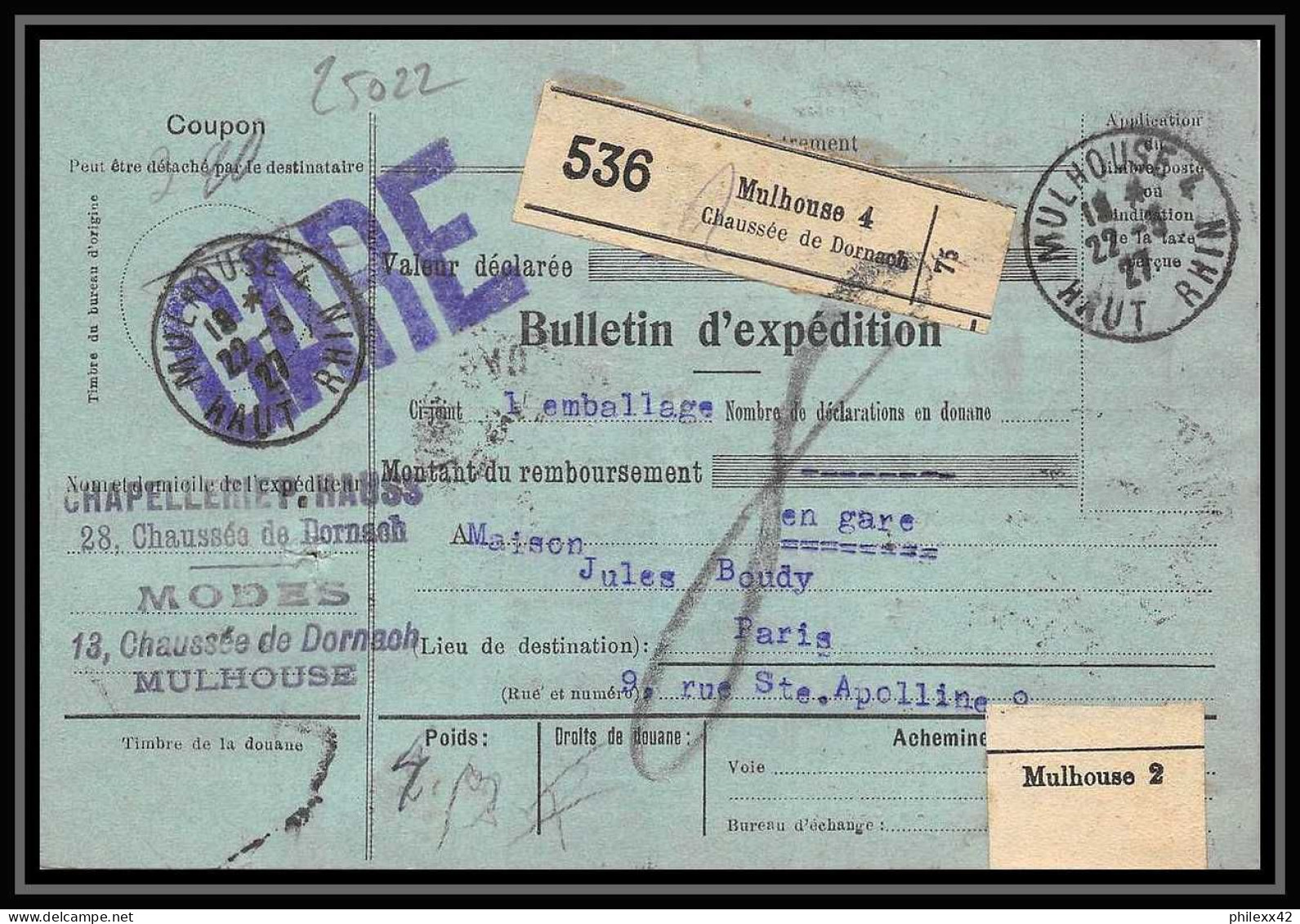 25022 Bulletin D'expédition France Colis Postaux Fiscal Haut Rhin - 1927 Mulhouse Merson 145 GARE - Covers & Documents