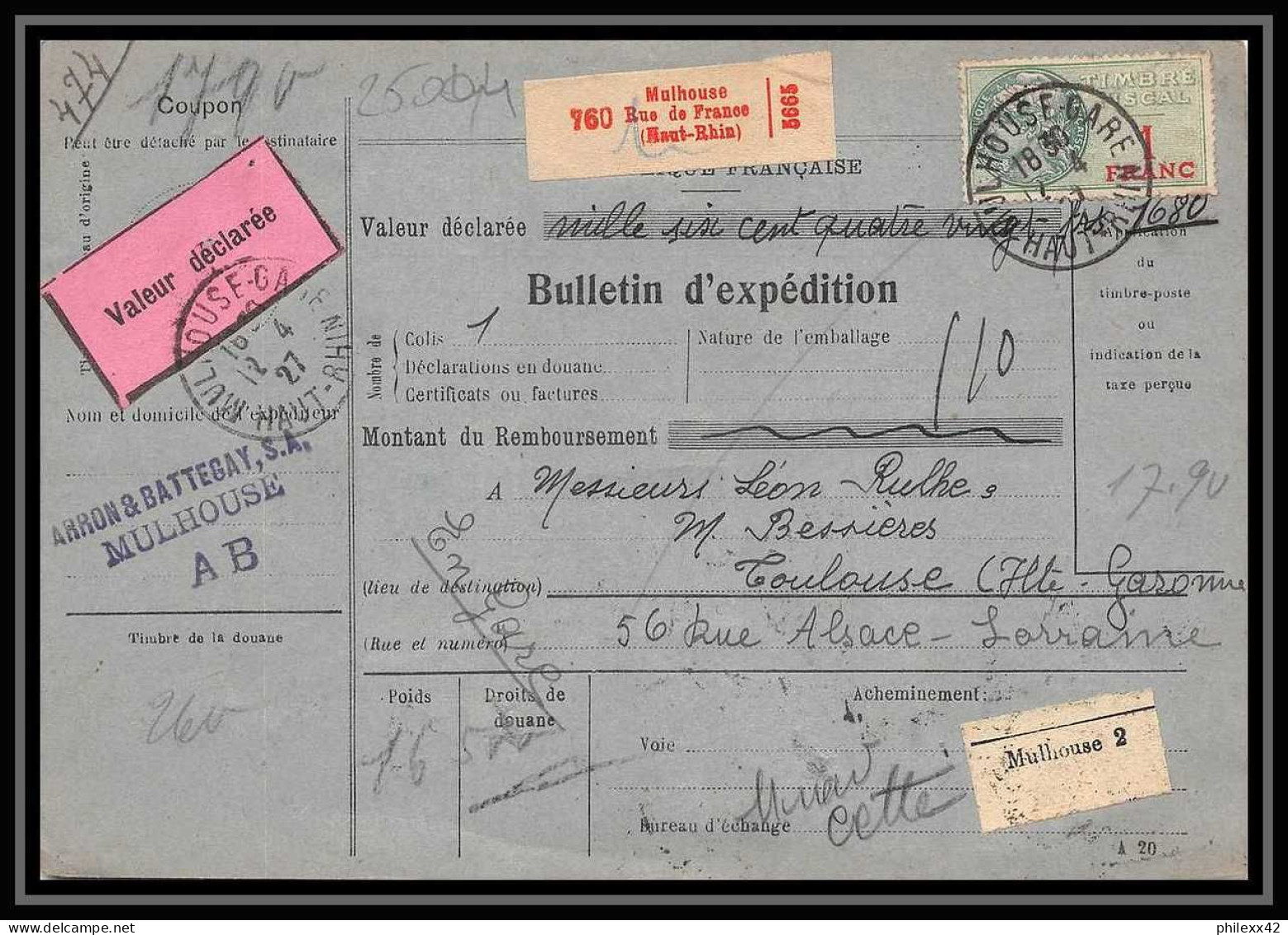 25004 Bulletin D'expédition France Colis Postaux Fiscal Haut Rhin - 1927 Mulhouse Merson 123+207 Valeur Déclarée - Briefe U. Dokumente