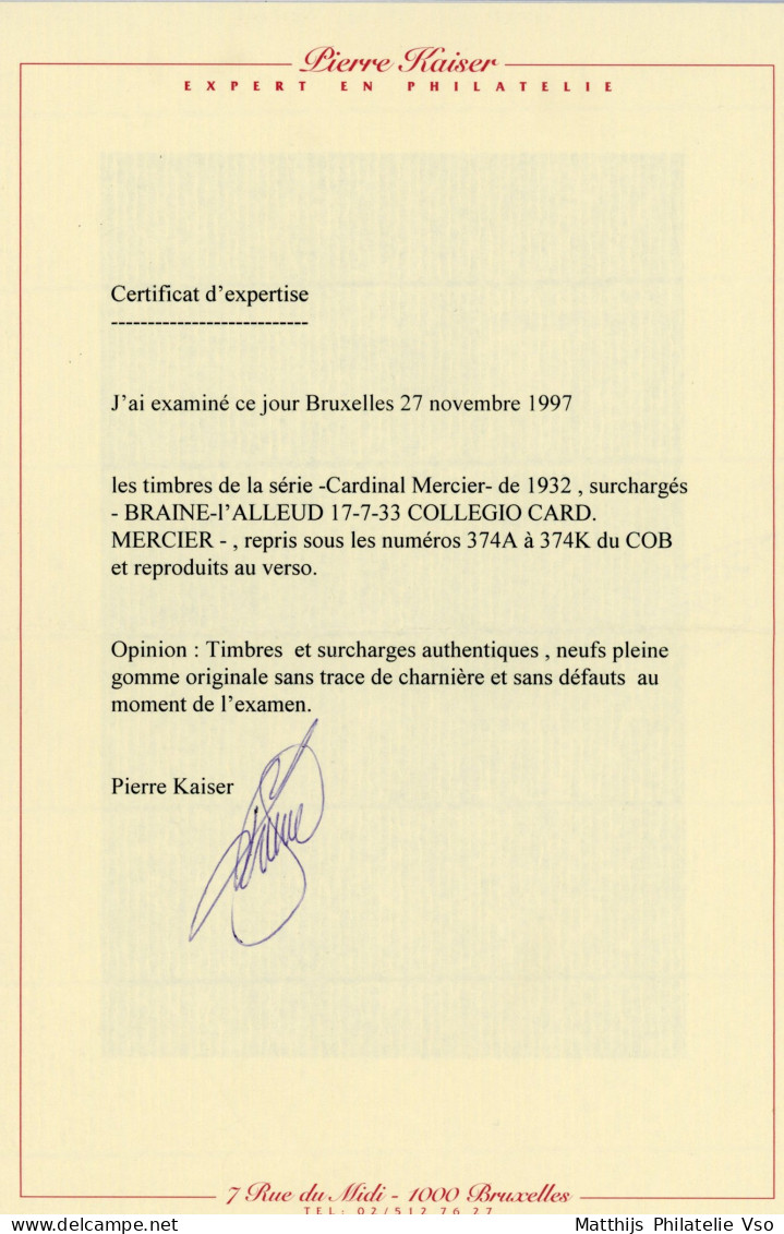 [** SUP] N° 374A/74K, Braine L'Alleud, La Série Complète - Certificat Photo Kaiser. Rare Et Superbe - Cote: 9000€ - Nuevos