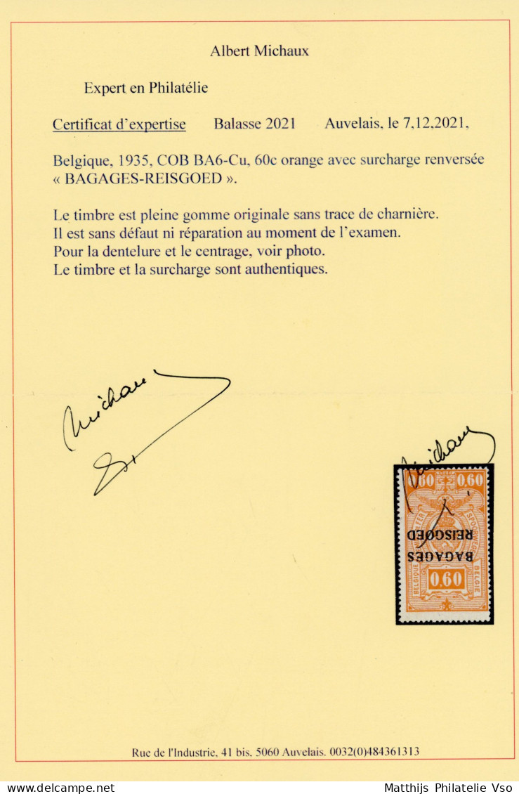 [** SUP] BA6-cu, 60c Orange, Surcharge Renversée - Certificat Photo - Cote: 1300€ - Reisgoedzegels [BA]