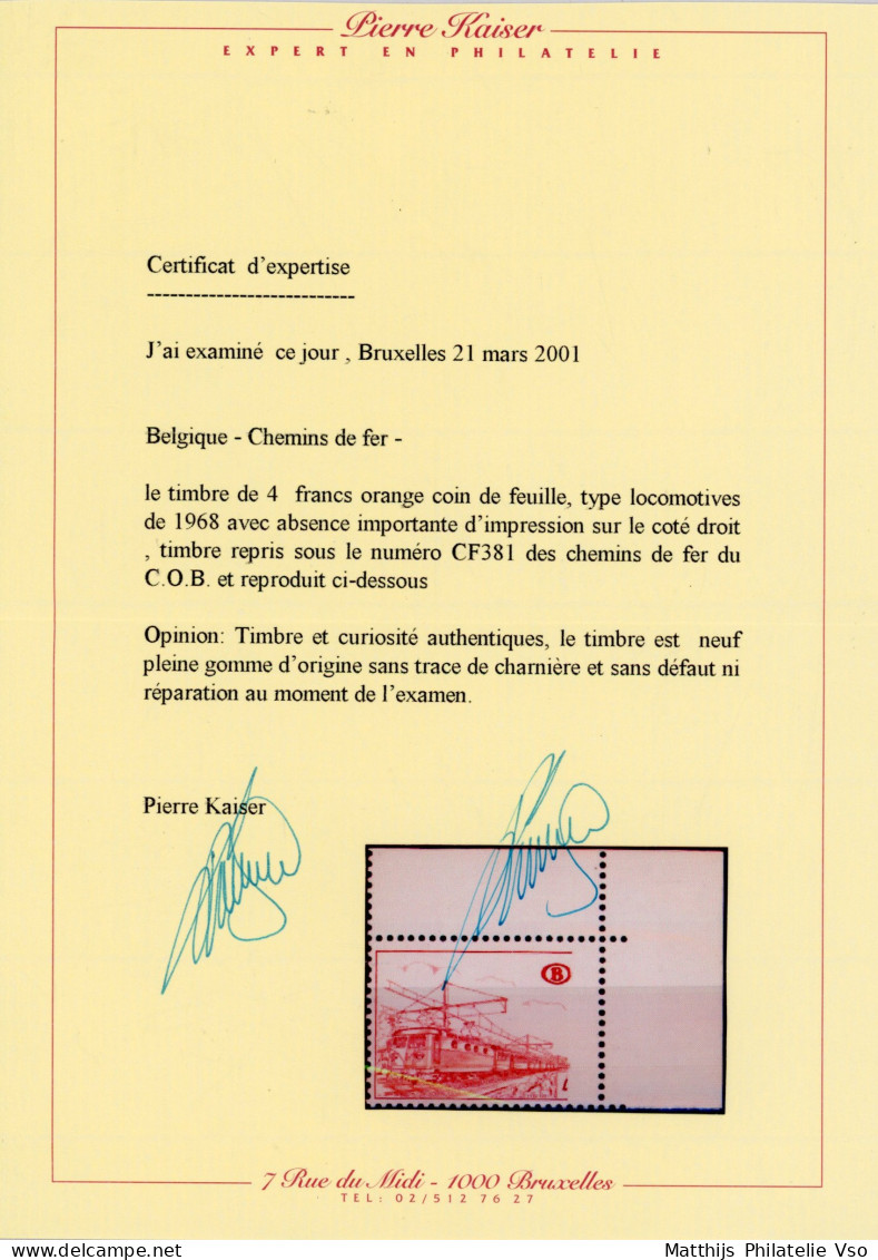 [** SUP] TR381-cu, Sans La Valeur (absence D'impression à Droite). Certificat Photo Kaiser - Fraîcheur Postale. Rarissim - Sonstige & Ohne Zuordnung