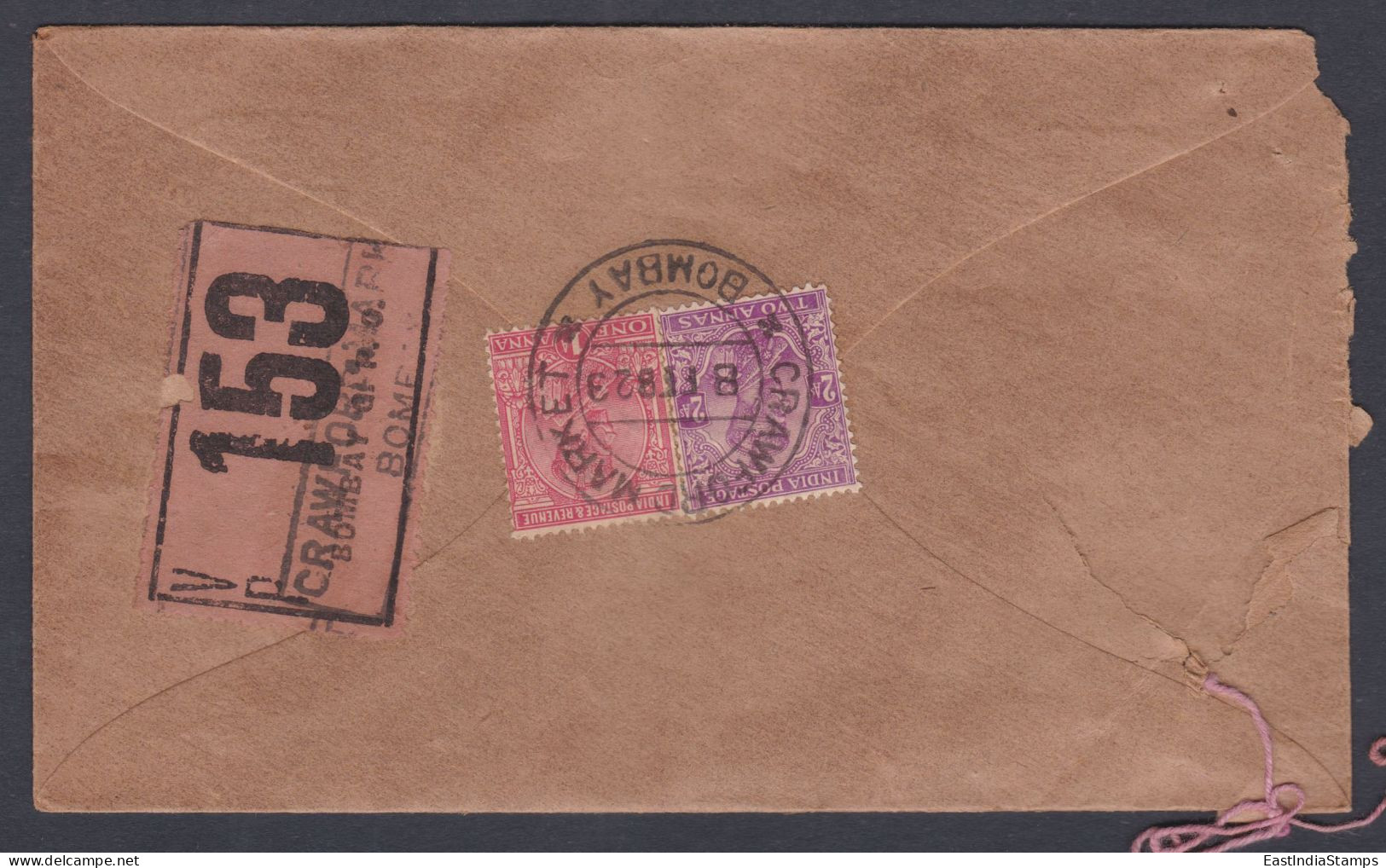 Inde British India 1923 Used Registered Cover VP Label, Value Payable, Bombay To Kishangarh State, Wine Merchant, KGV - 1911-35 Koning George V