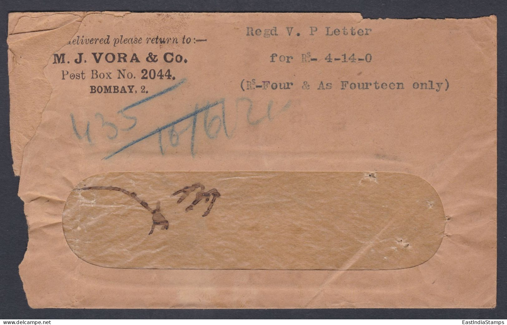 Inde British India 1921 Used Registered WIndow Cover VP Label, Value Payable, King George V Stamps - 1911-35 Roi Georges V