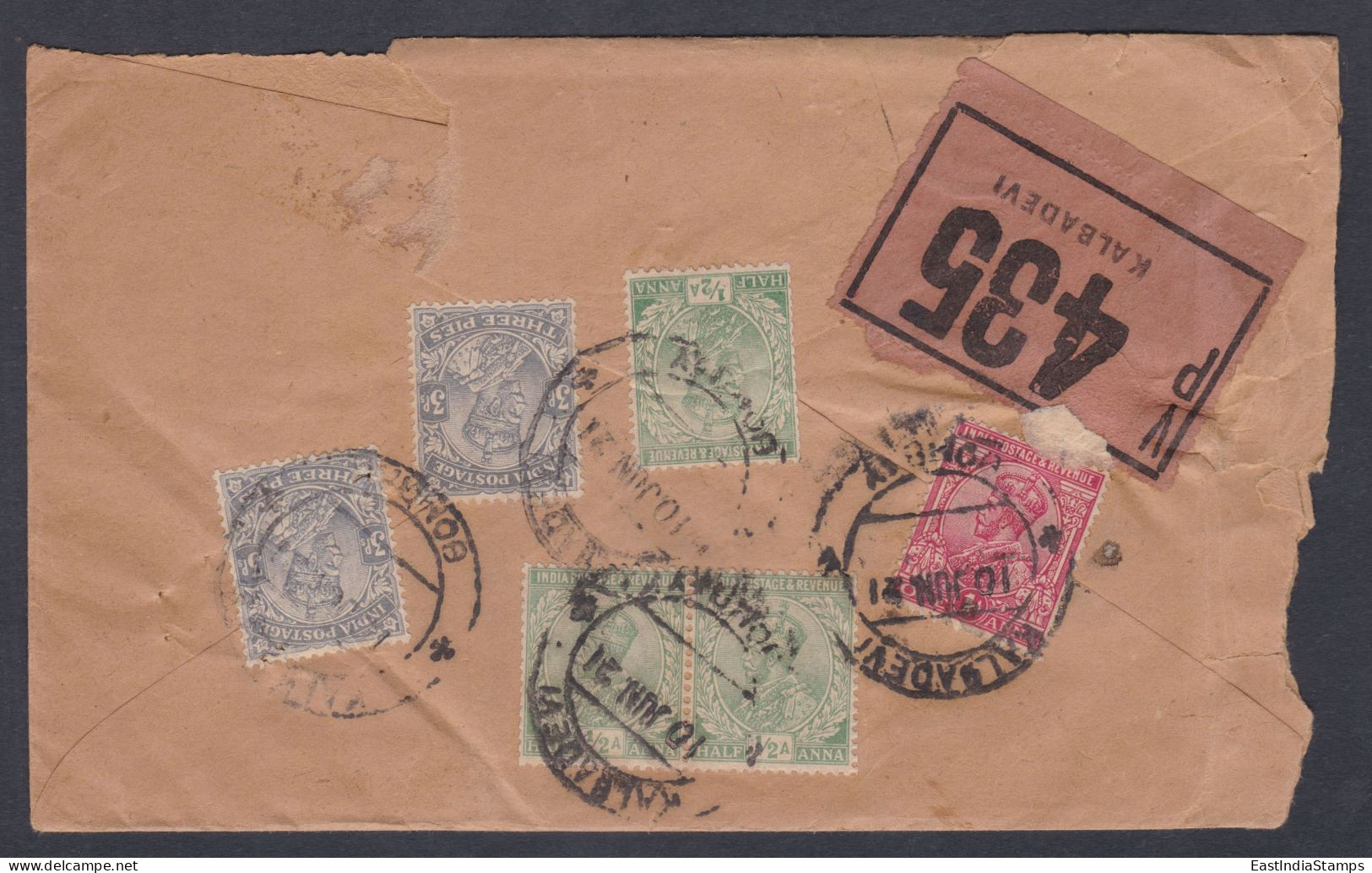 Inde British India 1921 Used Registered WIndow Cover VP Label, Value Payable, King George V Stamps - 1911-35 King George V
