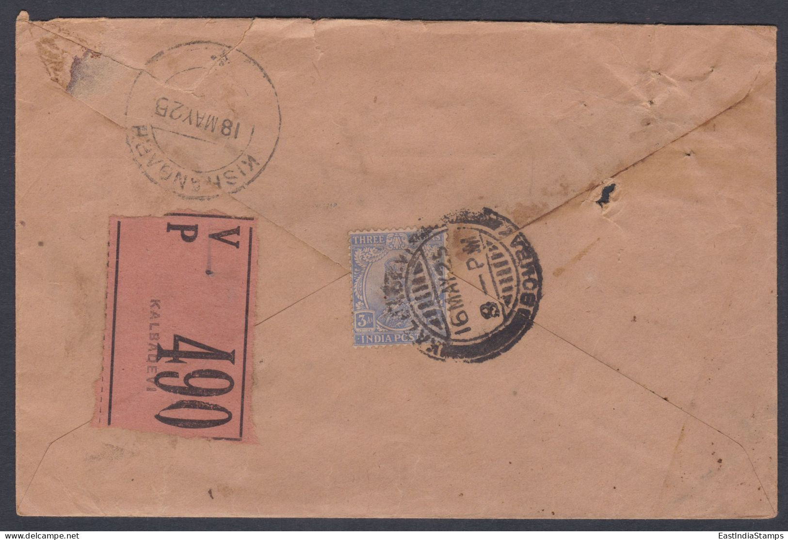 Inde British India 1925 Used Registered Cover VP Label, Value Payable, Medical, Chemist, Bombay To Kishangarh, KGV Stamp - 1911-35 Roi Georges V