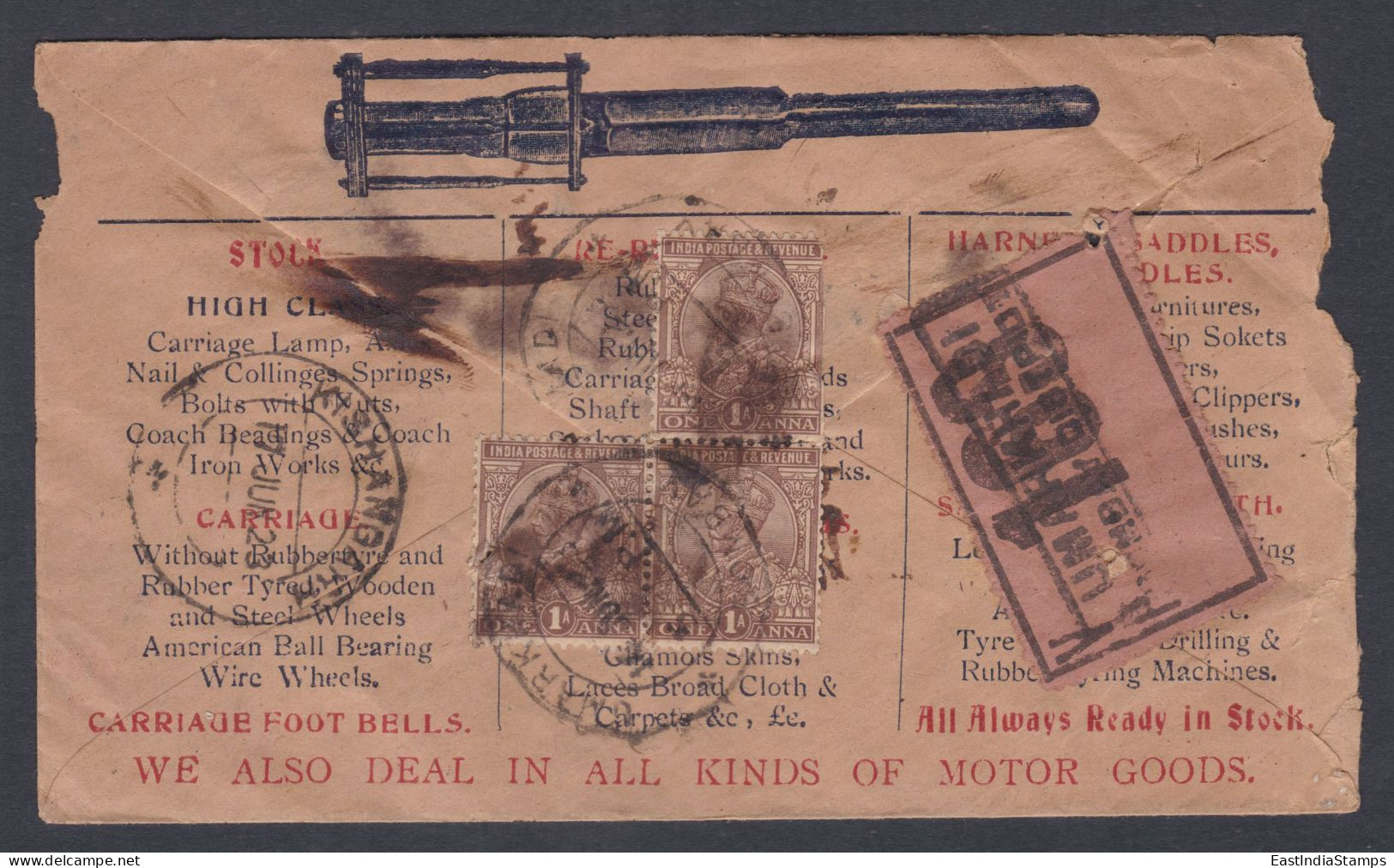 Inde British India 1923 Used Registered Cover VP Label, Value Payable, Bombay To Kishangarh, Horse Carriage Rubber Tyres - 1911-35 King George V