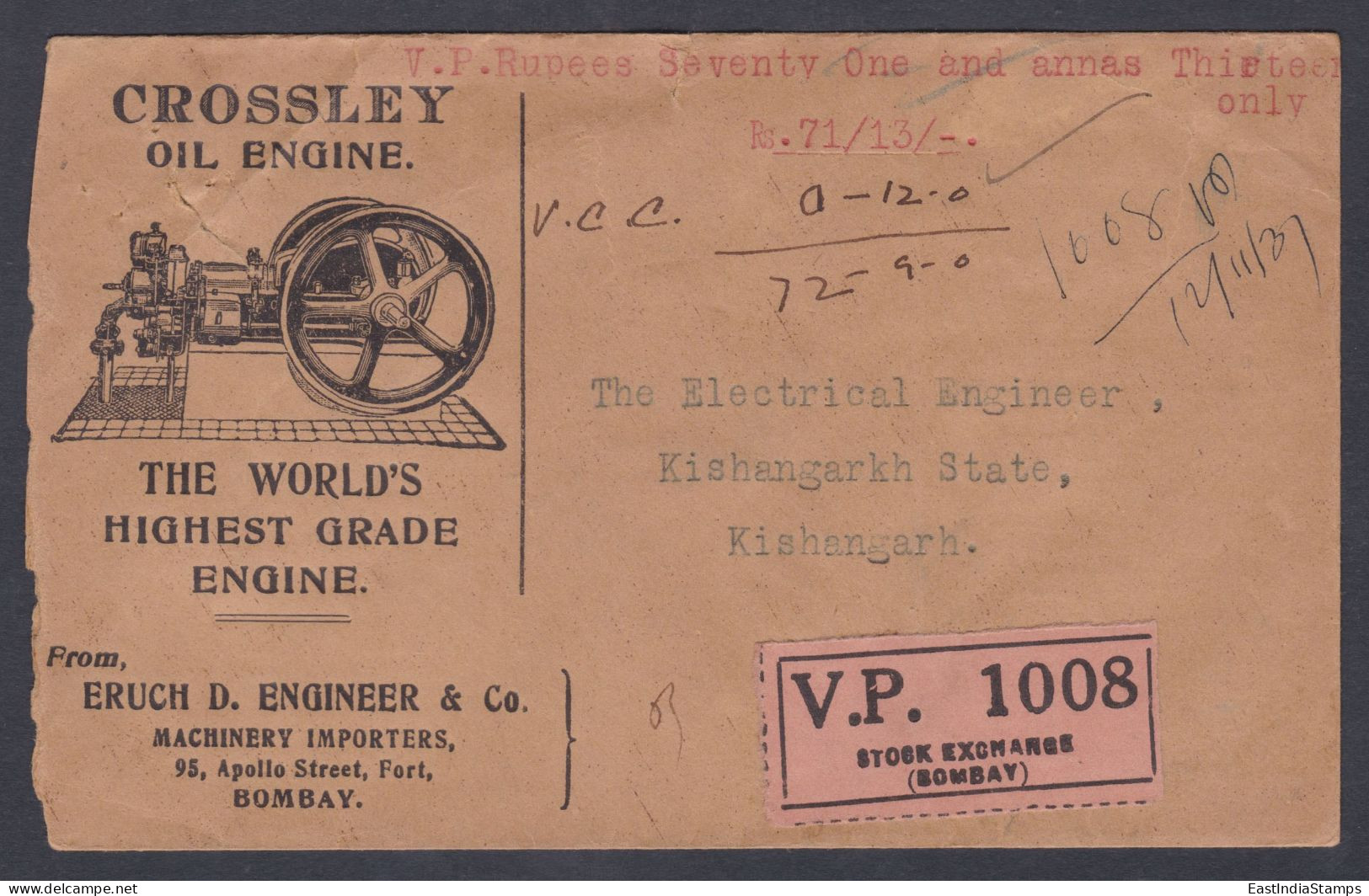 Inde British India 1937 Used Registered Cover VP Label, Value Payable, Bombay To Kishangarh, Crossley Oil Engine, KGV - 1911-35 Roi Georges V