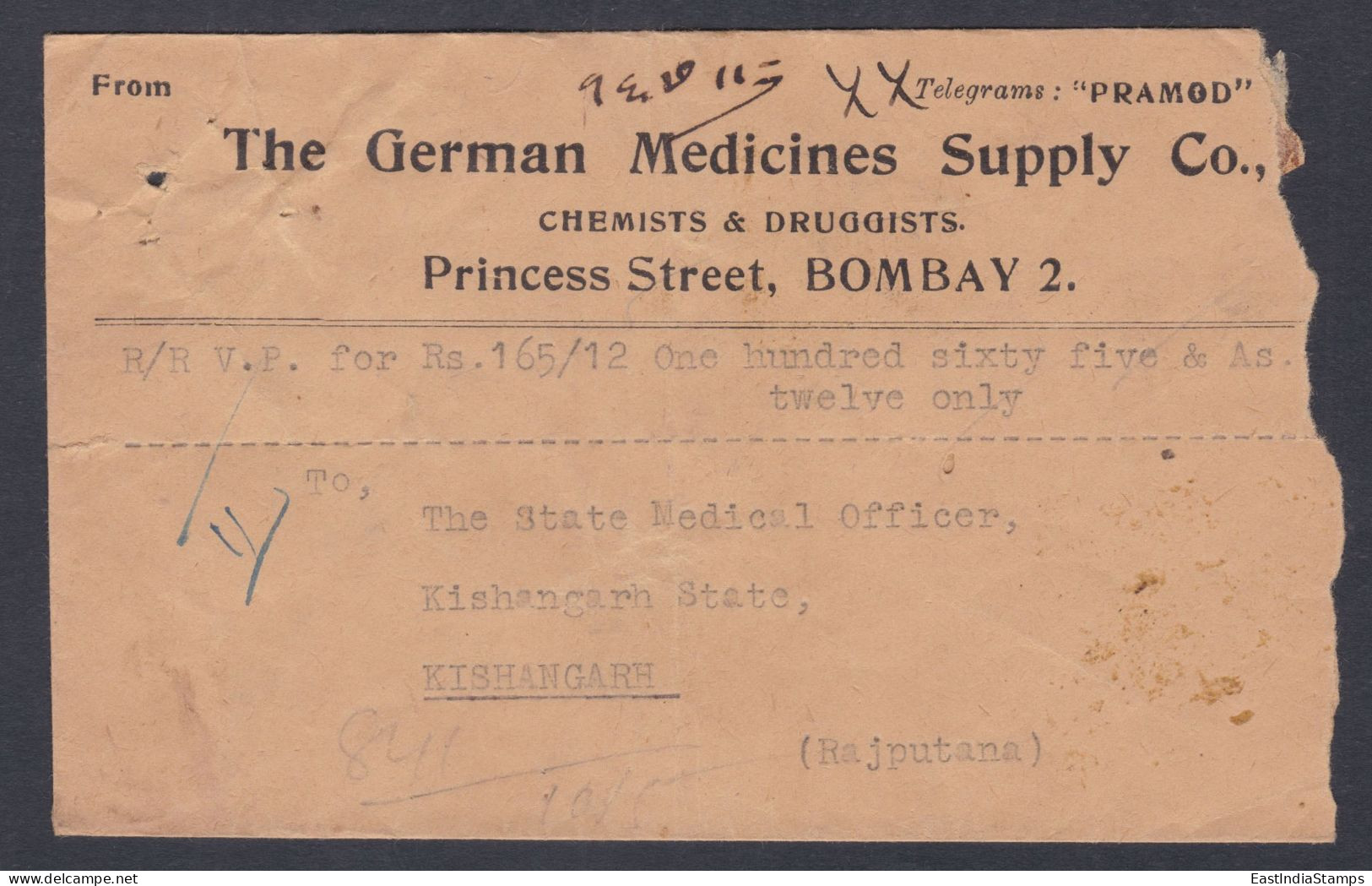 Inde British India 1928 Used Registered Cover VP Label, Value Payable, German Medicines, Medical, Bombay To Kishangarh - 1911-35 Koning George V