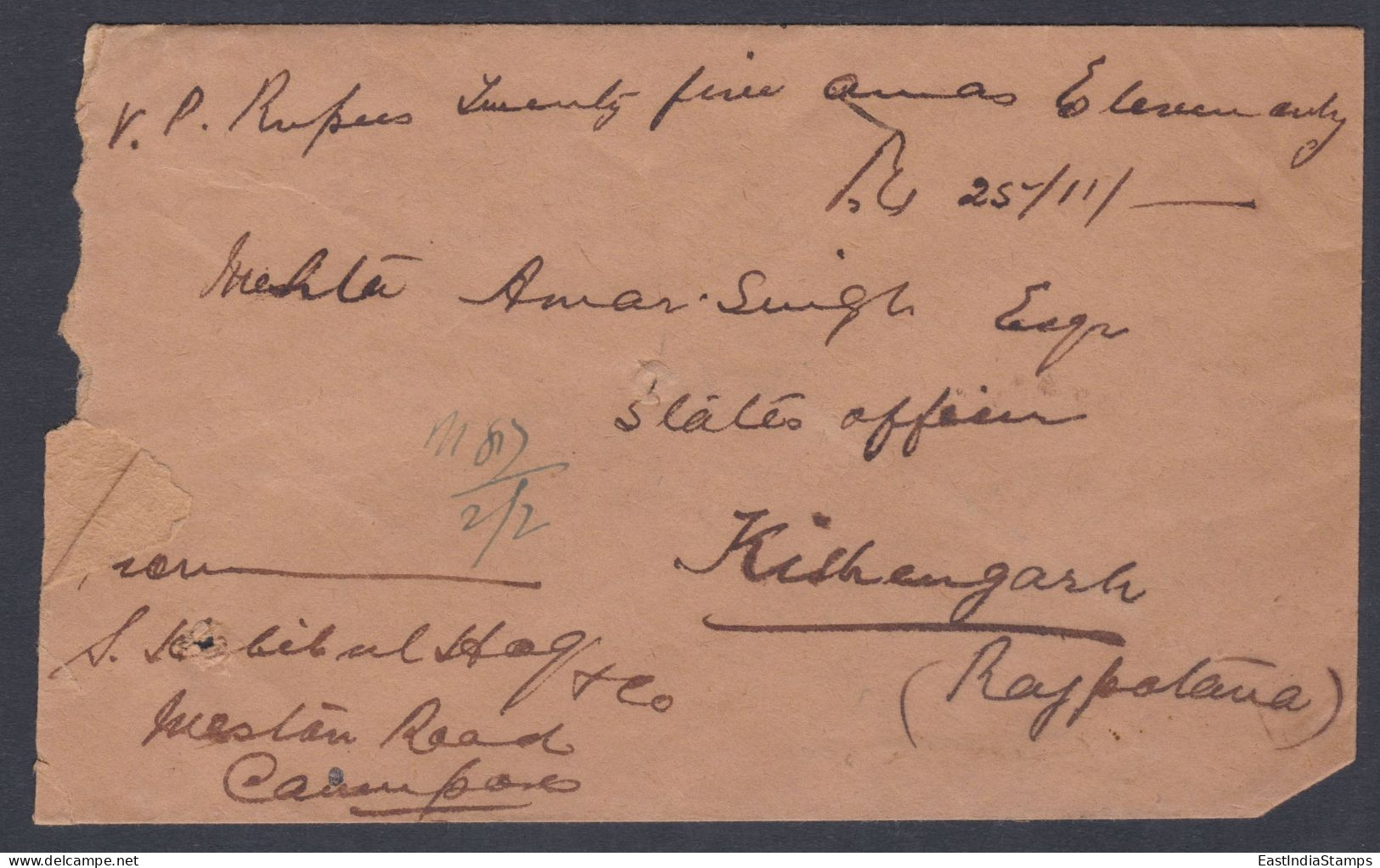Inde British India 1924 Used Registered Cover VP Label, Value Payable, Kanpur To Kishangarh State, King George V - 1911-35  George V