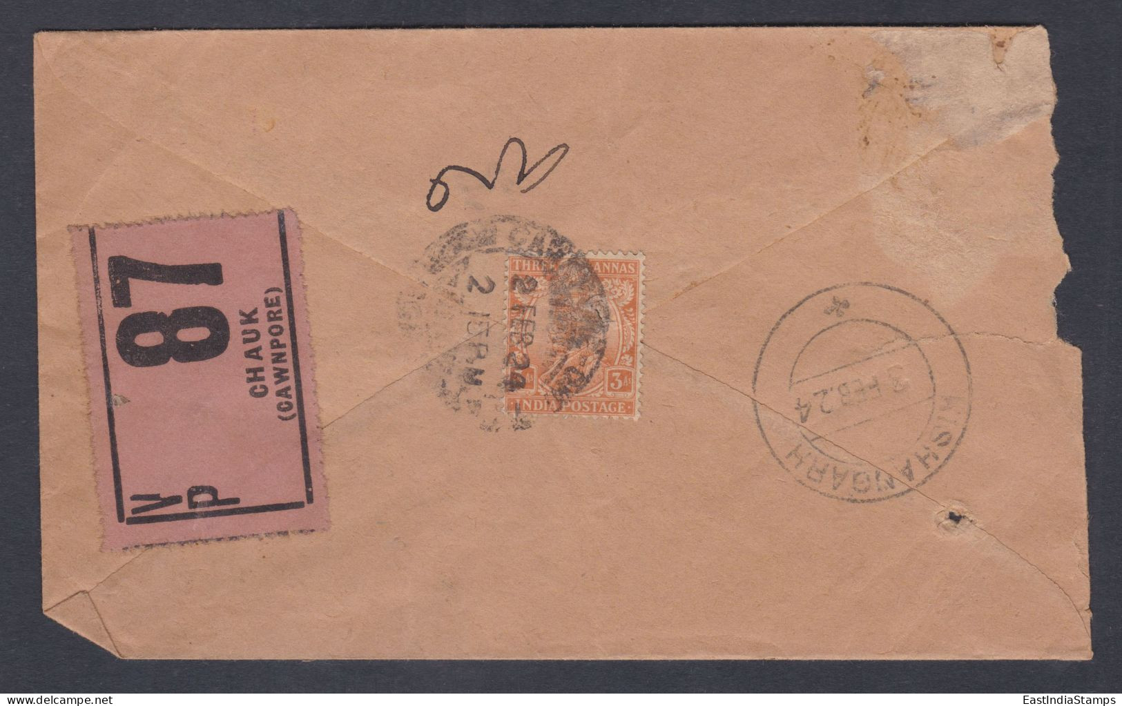 Inde British India 1924 Used Registered Cover VP Label, Value Payable, Kanpur To Kishangarh State, King George V - 1911-35 Roi Georges V