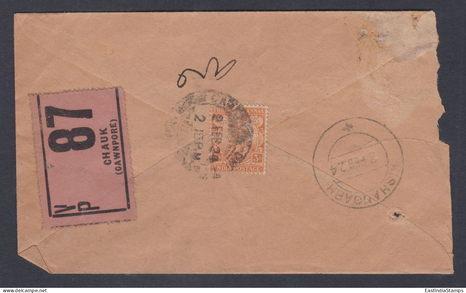 Inde British India 1924 Used Registered Cover VP Label, Value Payable, Kanpur To Kishangarh State, King George V - 1911-35  George V