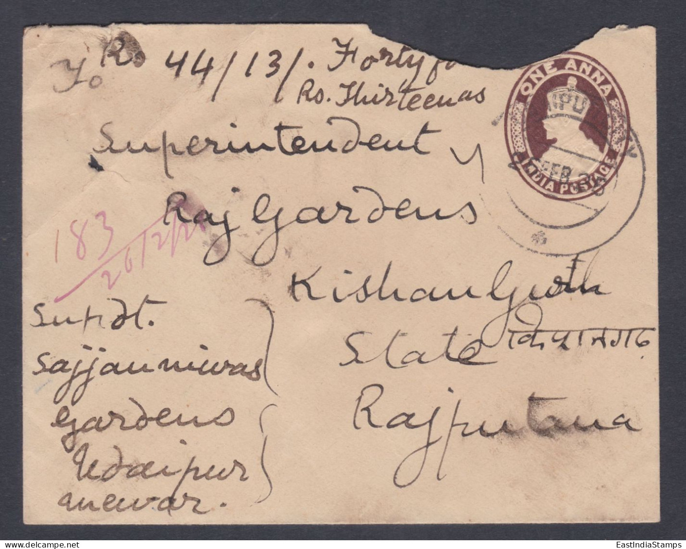 Inde British India 1926 Used Registered Cover VP Label, Value Payable, Udaipur To Kishangarh, KGV, Postal Stationery - 1911-35 Koning George V