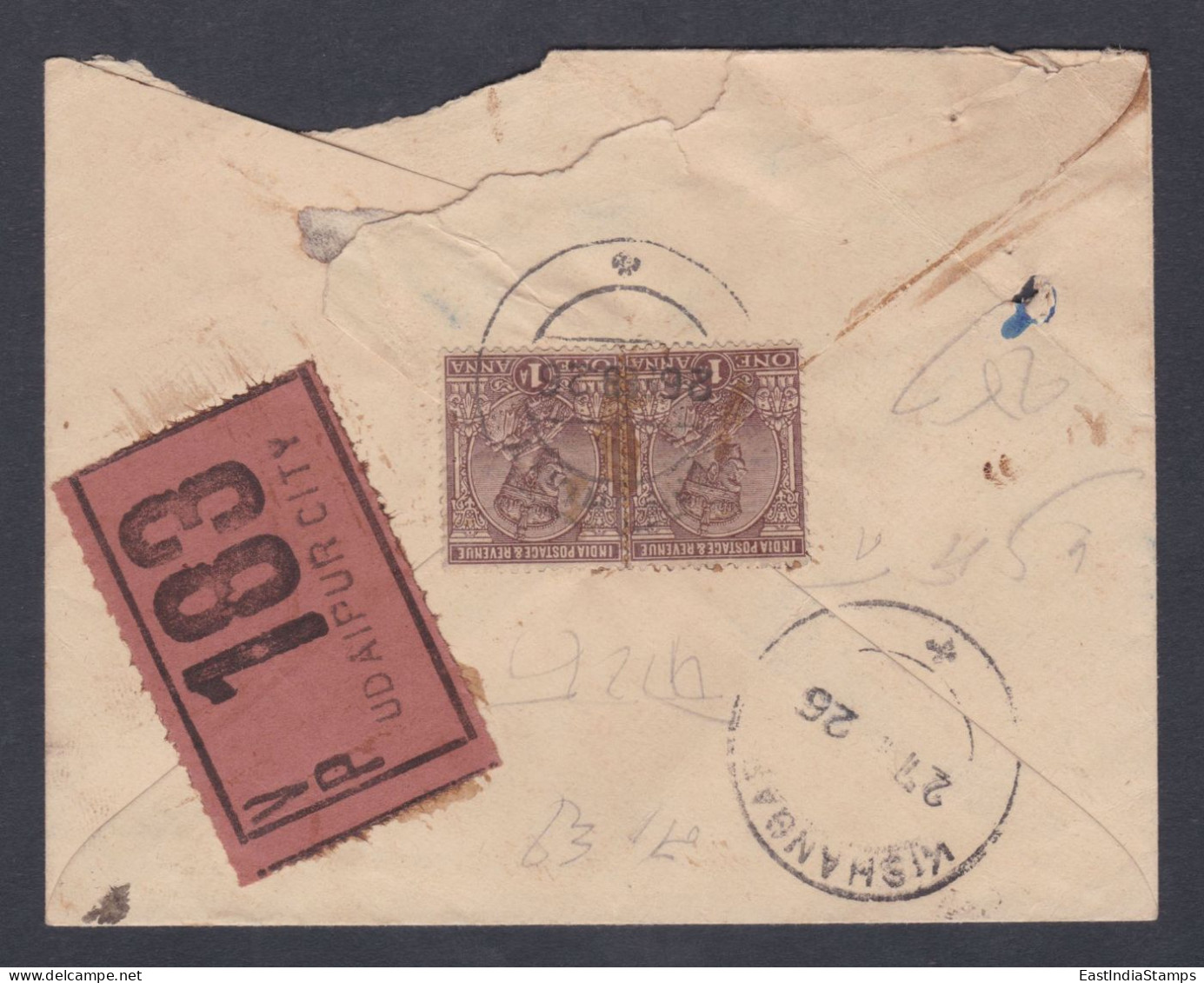 Inde British India 1926 Used Registered Cover VP Label, Value Payable, Udaipur To Kishangarh, KGV, Postal Stationery - 1911-35 Roi Georges V