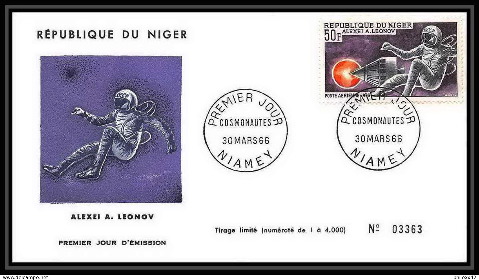 4950/ Espace Space Raumfahrt Lettre Cover Briefe Cosmos 30/3/1966 PA 56 /57 Leonov White FDC Niger - Afrika