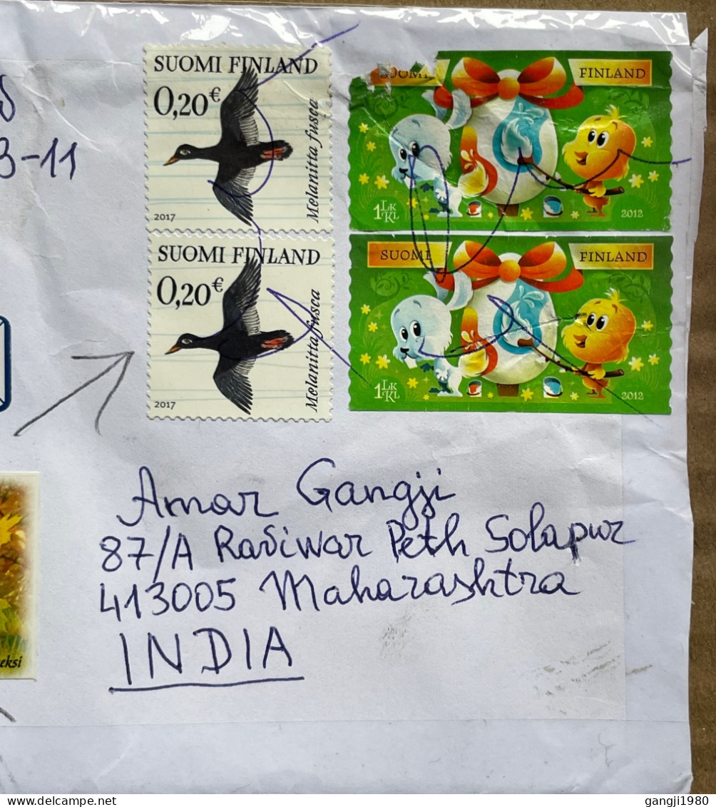 FINLAND 2024, COVER USED TO INDIA, VIGNETTE STICKER LABEL, PUBLIC HEALTH ASSOCIATION SUPPORT RYE, 2017 BIRD & 2012 STAMP - Storia Postale