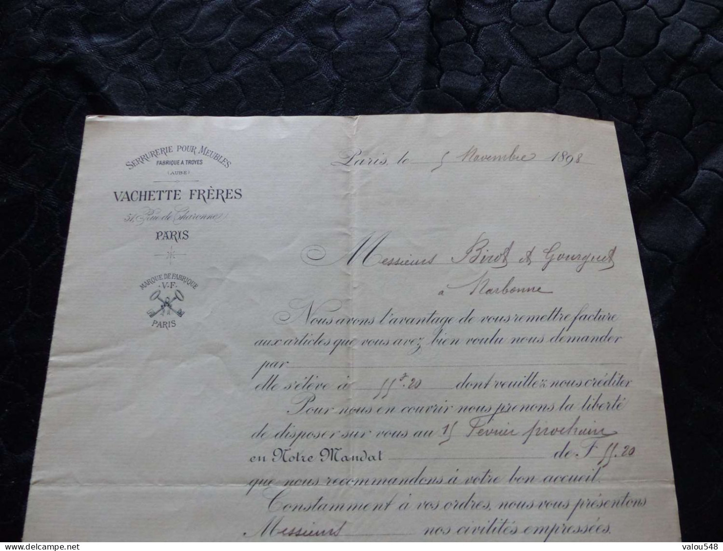 F-16 , Serrurerie Pour Meubles, VACHETTE Frères , Rue De Charonne, Paris, 1898 - Drogisterij & Parfum