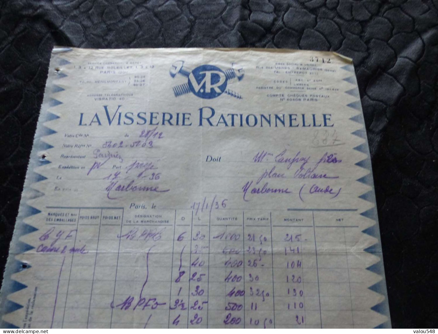 F-24 , Facture , La Visserie Rationnelle , Paris, 1936 - Chemist's (drugstore) & Perfumery