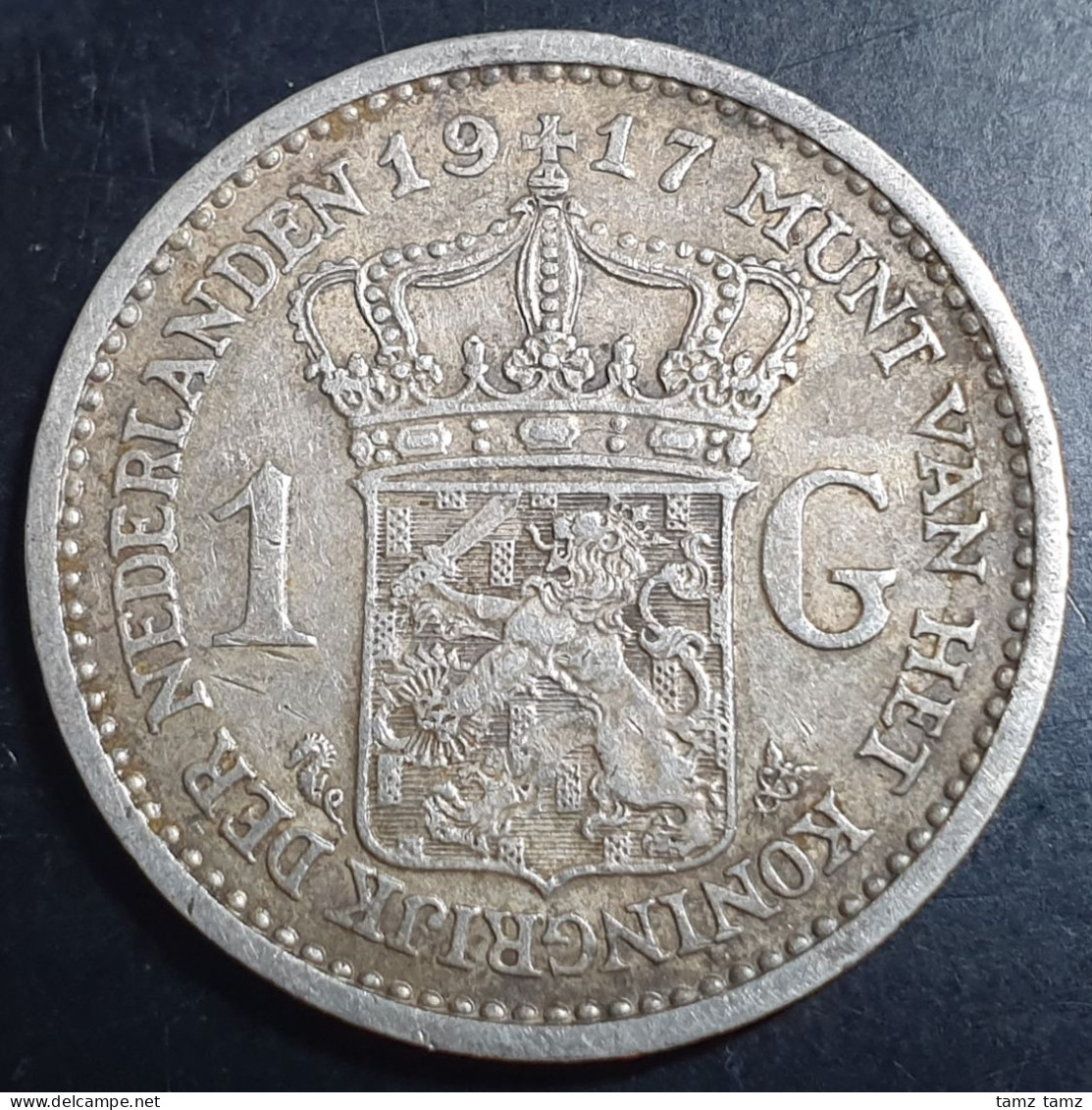 Netherlands 1 Gulden Wilhelmina Crown 1917 XF Details - 1 Gulden