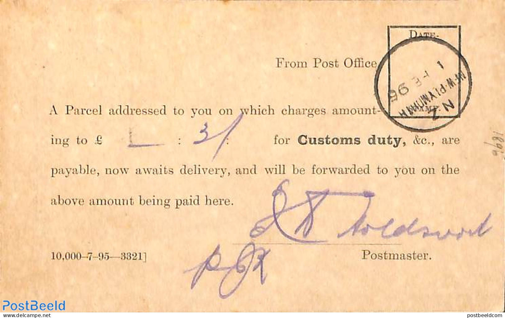 New Zealand 1896 Colonial And Foreign Parcel Post From New Plymouth Post Office, Postal History - Cartas & Documentos