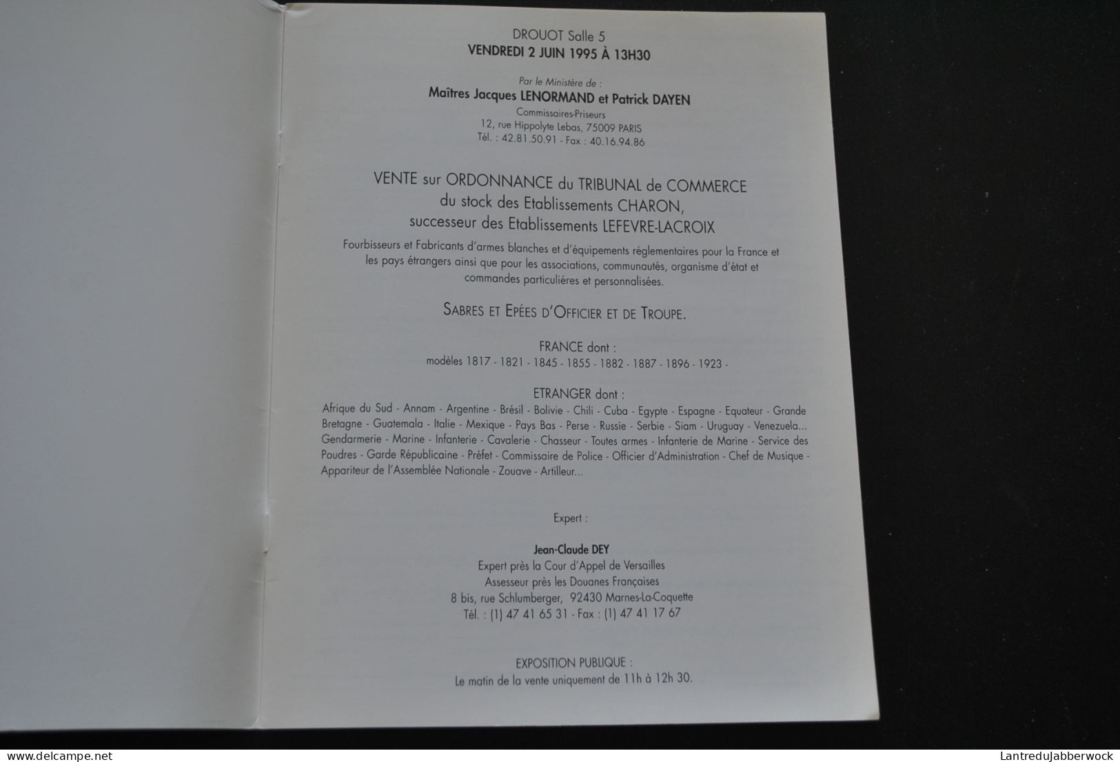 Catalogue Vente Drouot 1995 Sabres Et épées D'officier Et De Troupe Etablissements Charon Lefevre-Lacroix Fabricant - France