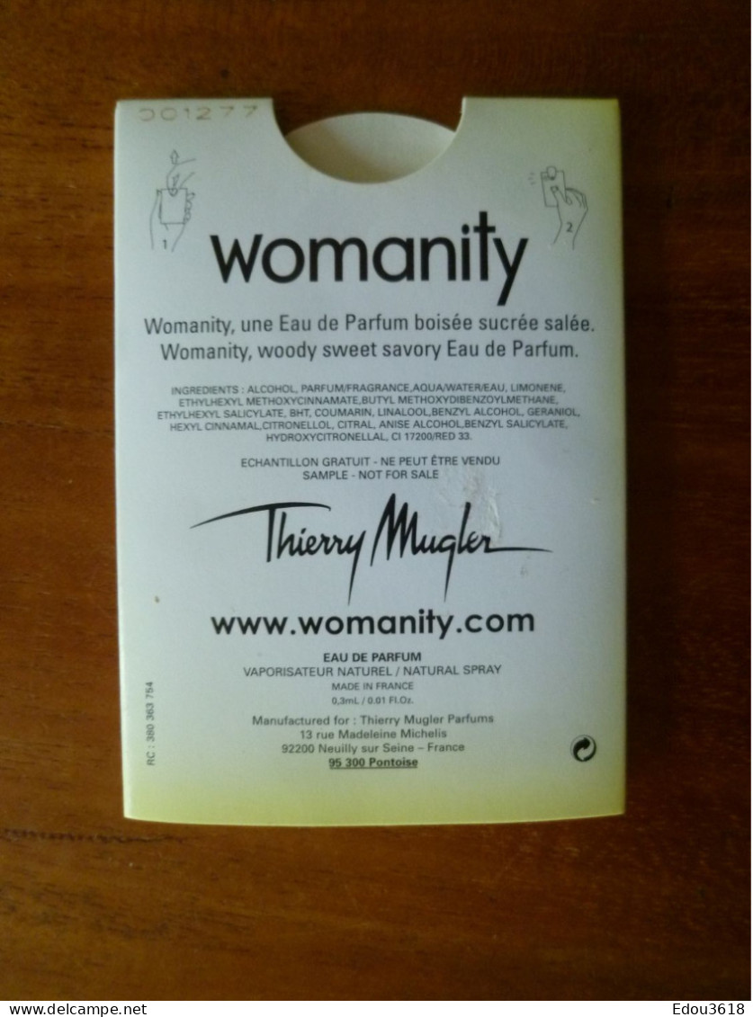 Thierry Mugler Womanity échantillon Carte Vaporisateur Exprime Toutes Les Facettes De La Féminité - Echantillons (tubes Sur Carte)