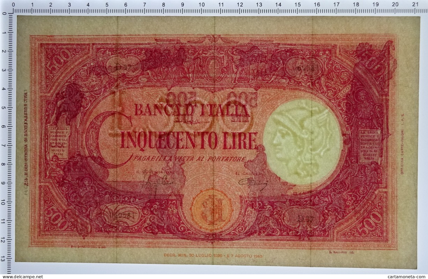 500 LIRE BARBETTI GRANDE C TESTINA RETRO BI RSI 17/08/1944 BB/SPL - Regno D'Italia - Altri